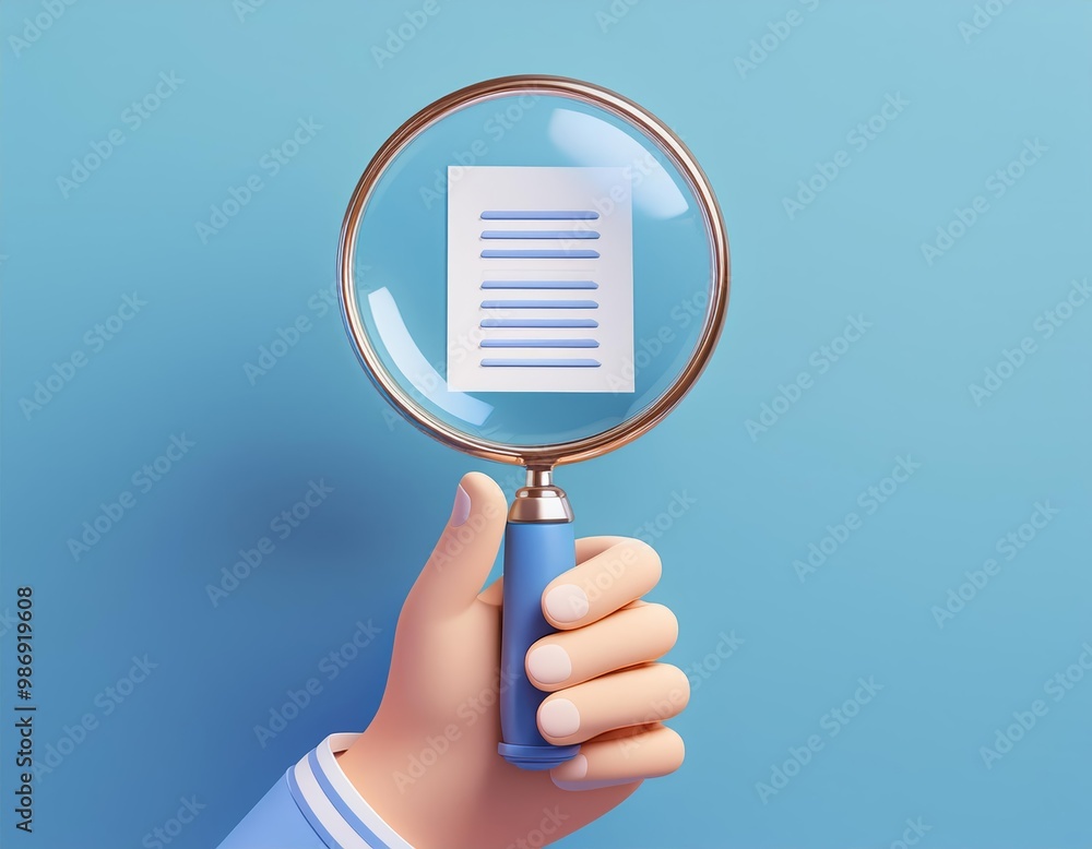 A hand holding a magnifying glass focused on a document, 3D illustration A hand holding a magnifying glass focused on a document, 3D illustration