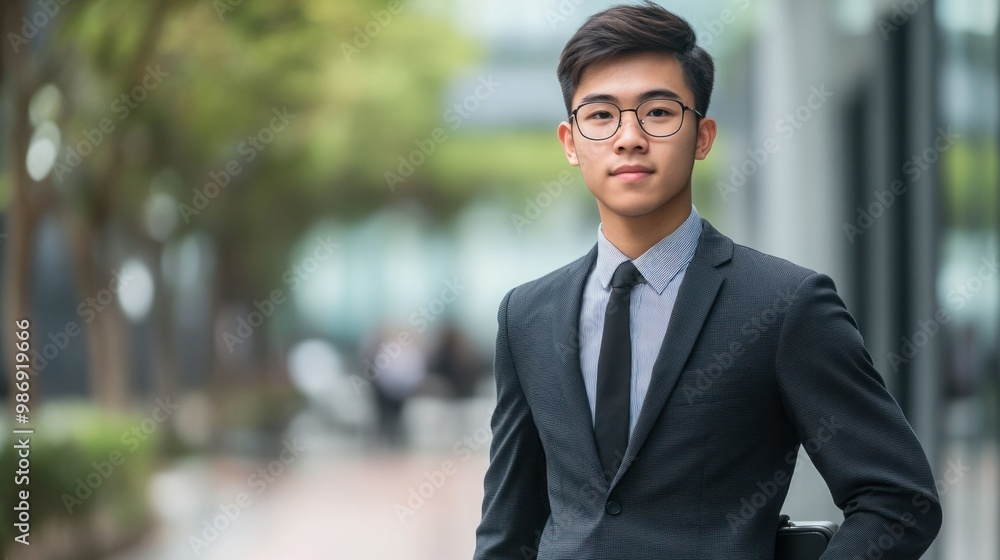Professional young Asian male in a suit, standing confidently in a corporate office setting with a briefcase. Professional young Asian male in a suit, standing confidently in a corporate office setting with a briefcase.