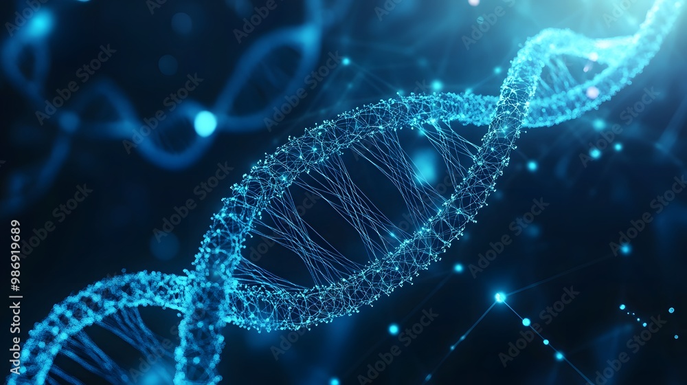 Futuristic 3D background with a DNA helix and gene structures, showcasing a blue, abstract science and biotechnology theme. Futuristic 3D background with a DNA helix and gene structures, showcasing a blue, abstract science and biotechnology theme.