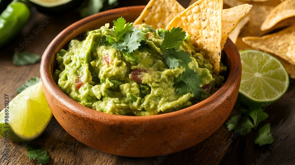Fresh Homemade Guacamole with Tortilla Chips and Lime Wedges in Rustic Wooden Bowl on Table. Fresh Homemade Guacamole with Tortilla Chips and Lime Wedges in Rustic Wooden Bowl on Table.