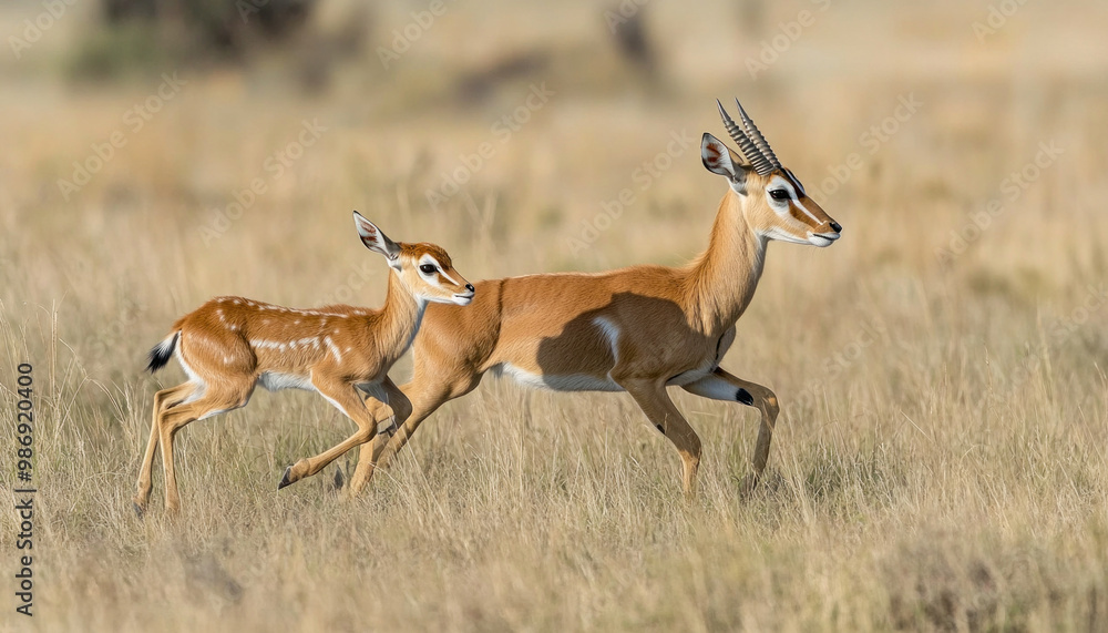 Mother and baby gazelle running through grassland Mother and baby gazelle running through grassland