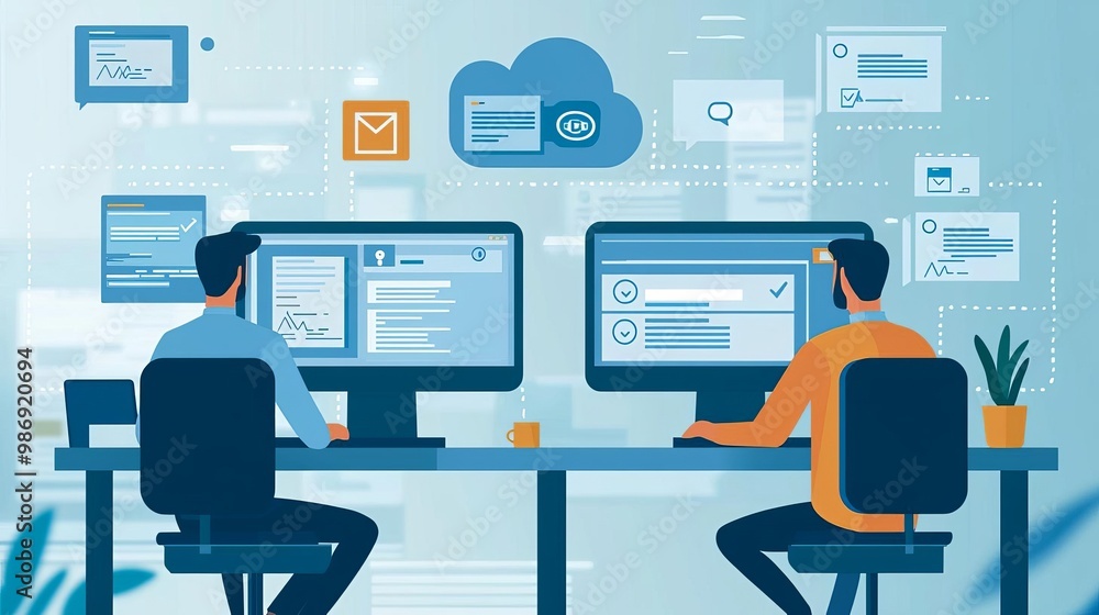 IT support Helpdesk Cybersecurity IT helpdesk responding to client emails, cloud icons and messages, flat design illustration IT support Helpdesk Cybersecurity IT helpdesk responding to client emails, cloud icons and messages, flat design illustration