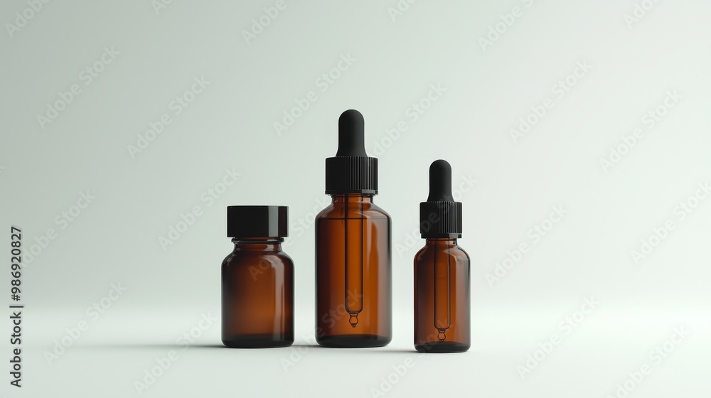 Assorted brown glass bottles with black caps, one featuring a dropper, against a white backdrop, displaying packaging variety. Assorted brown glass bottles with black caps, one featuring a dropper, against a white backdrop, displaying packaging variety.