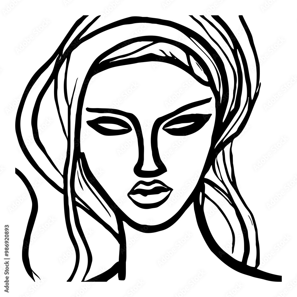 Fictional female character. Black and white line art. Logo design for use in graphics. T-shirt print, tattoo design. Fictional female character. Black and white line art. Logo design for use in graphics. T-shirt print, tattoo design.