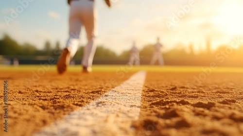 Exciting Baseball Diamond Scene - Pitchers Warming Up and Fielders Ready for Action on Game Day with Chalked Lines Marking the Field in a Competitive Atmosphere photo