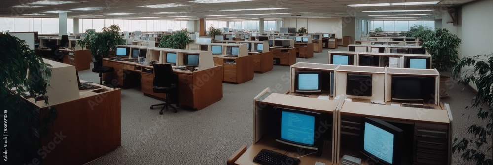 © Armin - Wide shot of a vintage office featuring rows of cubicles with desktops, highlighting an old-fashioned work style.