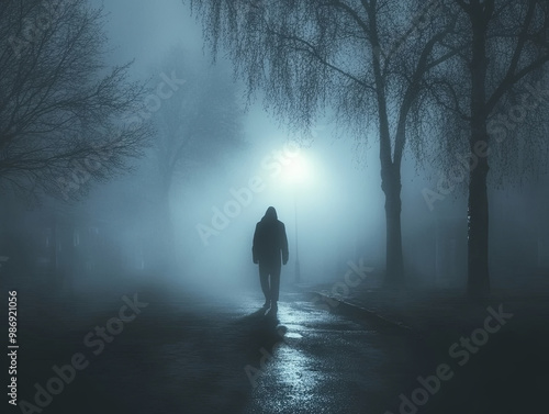 shadowy figure walks alone in foggy street illuminated by streetlight, creating eerie atmosphere. scene evokes feelings of mystery and solitude