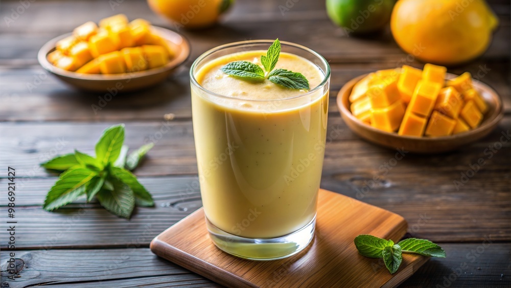 Delicious Mango Smoothie with Mint Garnish and Fresh Mango Pieces on Rustic Wooden Background. mango lassi Delicious Mango Smoothie with Mint Garnish and Fresh Mango Pieces on Rustic Wooden Background. mango lassi
