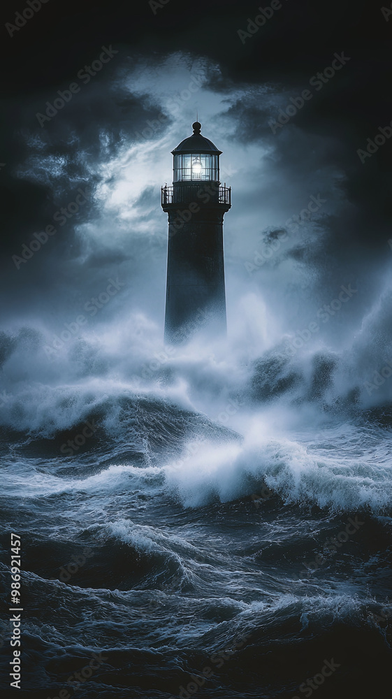 dramatic old lighthouse stands tall against stormy sea at night, illuminated by its beacon. turbulent waves crash around it, creating sense of awe and intensity dramatic old lighthouse stands tall against stormy sea at night, illuminated by its beacon. turbulent waves crash around it, creating sense of awe and intensity