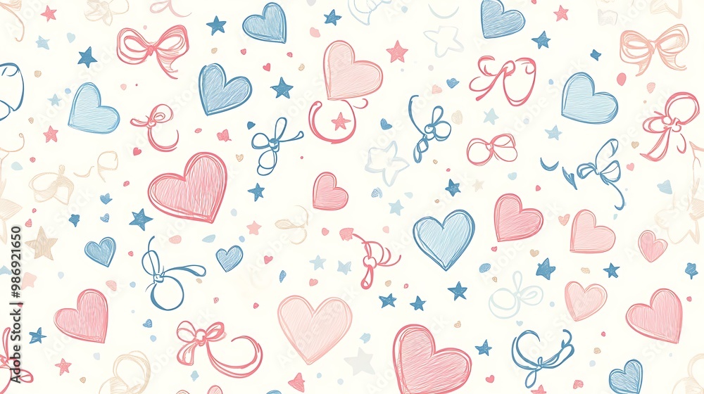 Seamless pattern with pink, blue, and beige hearts, stars, and bows on a white background. Seamless pattern with pink, blue, and beige hearts, stars, and bows on a white background.
