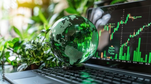 Green Globe on Laptop with Stock Market Graphs