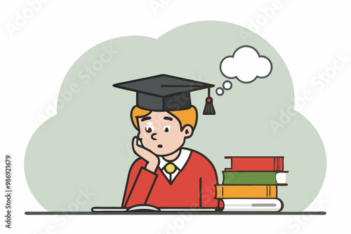 Intrigued College Student Thinking for Ideas. Cartoon Style Vector Illustration