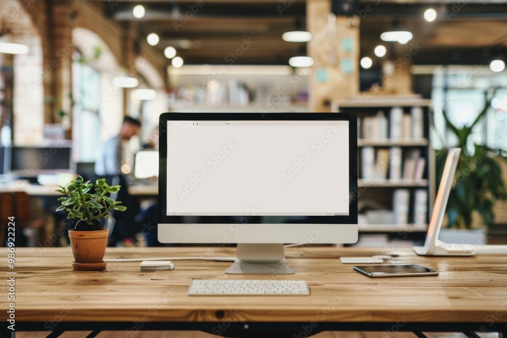Blank screen desktop computer on wooden table top with blur people working at creative office bokeh background,Mock up for display or montage of design Blank screen desktop computer on wooden table top with blur people working at creative office bokeh background,Mock up for display or montage of design
