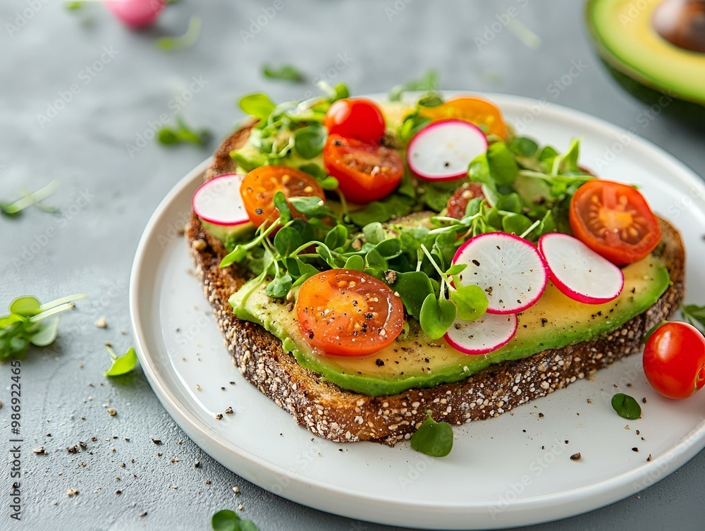 Healthy Avocado Toast with Fresh Arugula, Cherry Tomatoes, and Radish Slices on White Plate – Nutritious Vegan Breakfast Option Healthy Avocado Toast with Fresh Arugula, Cherry Tomatoes, and Radish Slices on White Plate – Nutritious Vegan Breakfast Option