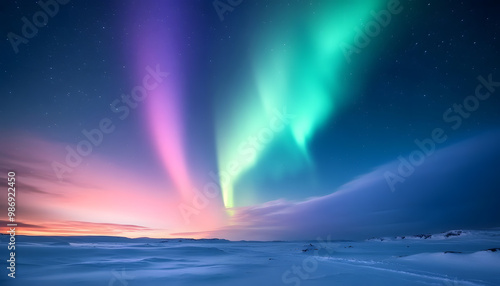 Wallpaper Mural The Northern Lights illuminating the night sky with shades of green, pink, and purple over a snow-covered landscape Torontodigital.ca