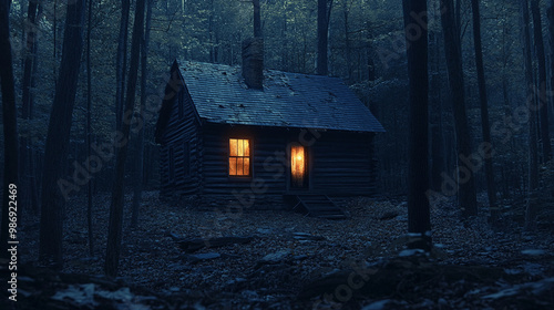 Wallpaper Mural dark cabin in woods with glowing windows creates eerie atmosphere, surrounded by tall trees and mysterious ambiance. scene evokes feelings of solitude and intrigue Torontodigital.ca