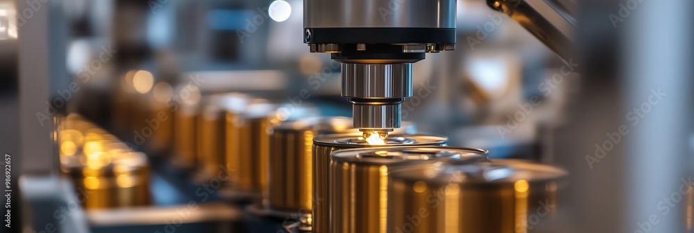 Gold cans moving along an industrial production line showcasing modern manufacturing technology in a factory setting. Gold cans moving along an industrial production line showcasing modern manufacturing technology in a factory setting.