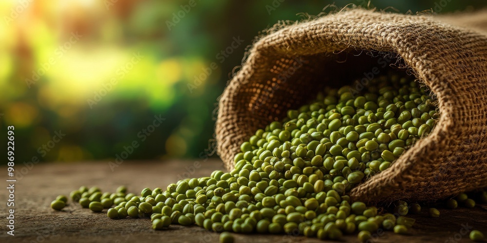 Green Peas Spilled from Burlap Sack on Wooden Surface