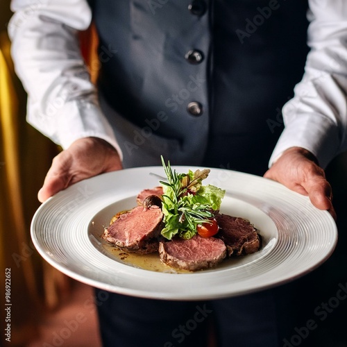 chef holding plate with food, lamb chops with vegetables, Waiter carrying plates with meat dish on some festive event, party or wedding reception restaurant