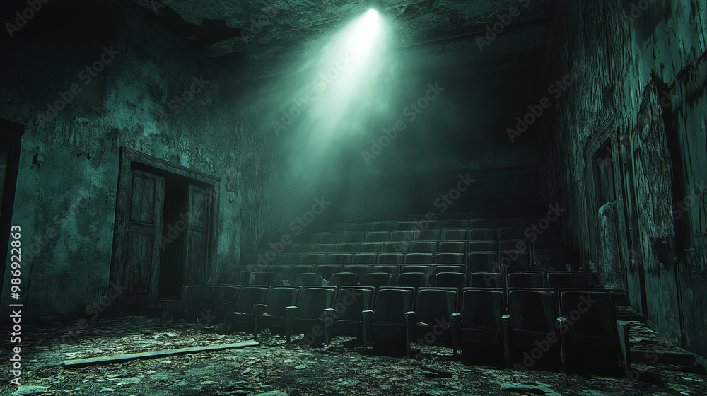 abandoned theater illuminated by single spotlight creates haunting atmosphere, showcasing decaying seats and walls. eerie light adds to sense of nostalgia and mystery abandoned theater illuminated by single spotlight creates haunting atmosphere, showcasing decaying seats and walls. eerie light adds to sense of nostalgia and mystery