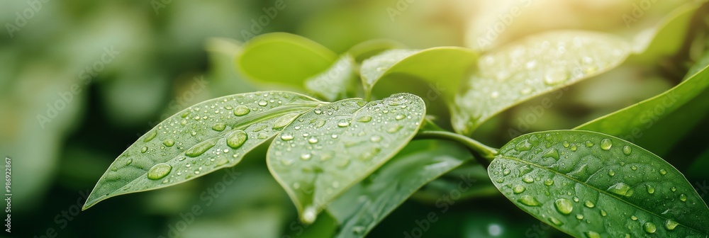 Close-up shot of green leaves covered in dew drops, illuminated by sunlight from behind, creating a fresh ambiance. Close-up shot of green leaves covered in dew drops, illuminated by sunlight from behind, creating a fresh ambiance.