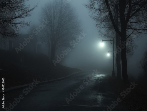 fog covered street in small town creates mysterious atmosphere, with dim streetlights illuminating wet pavement and silhouetted trees