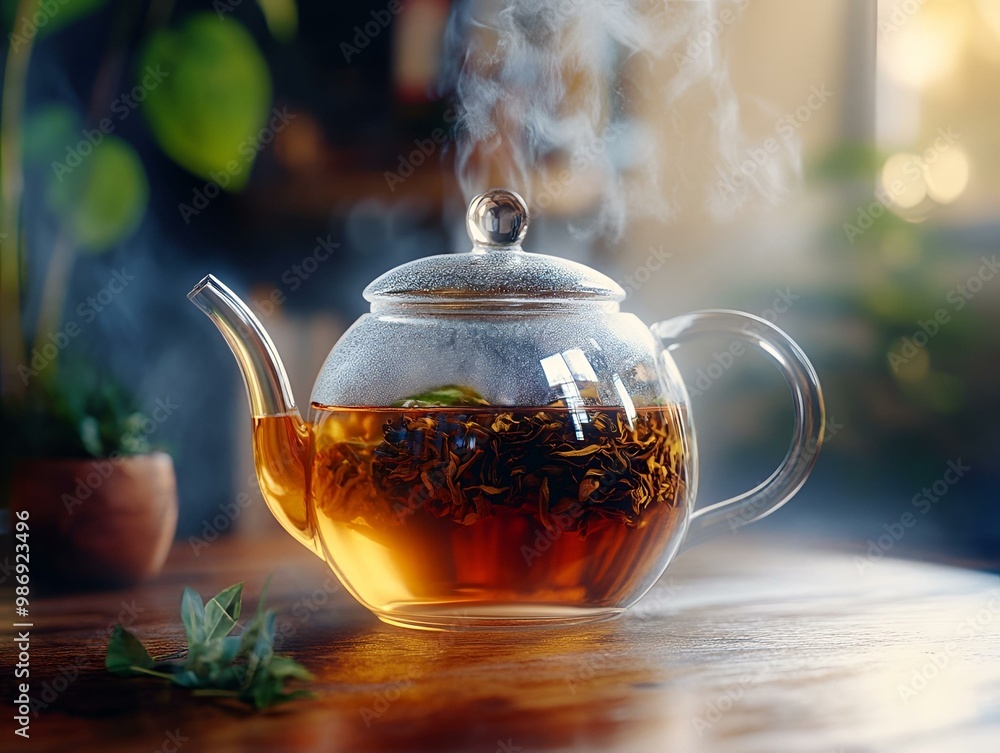 Steaming Glass Teapot with Loose Leaf Tea on Wooden Table in Cozy Ambient Light – Tranquil Tea Time Moment Steaming Glass Teapot with Loose Leaf Tea on Wooden Table in Cozy Ambient Light – Tranquil Tea Time Moment