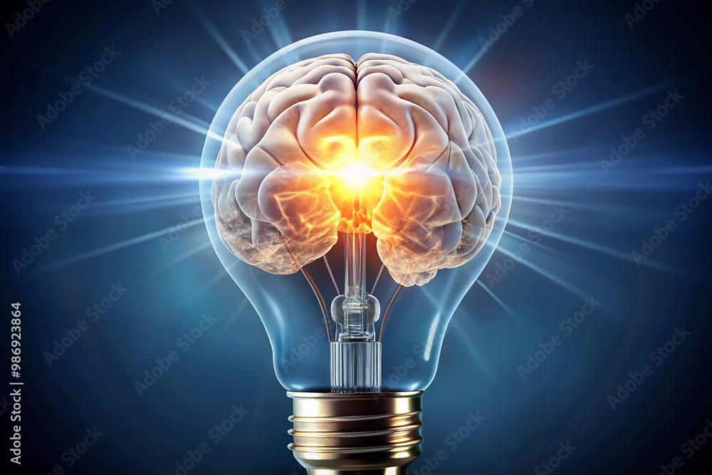 Brain inside lightbulb with glowing light bulb. 3D rendering
Light bulb with glowing brain inside. Idea concept. 3D Rendering
