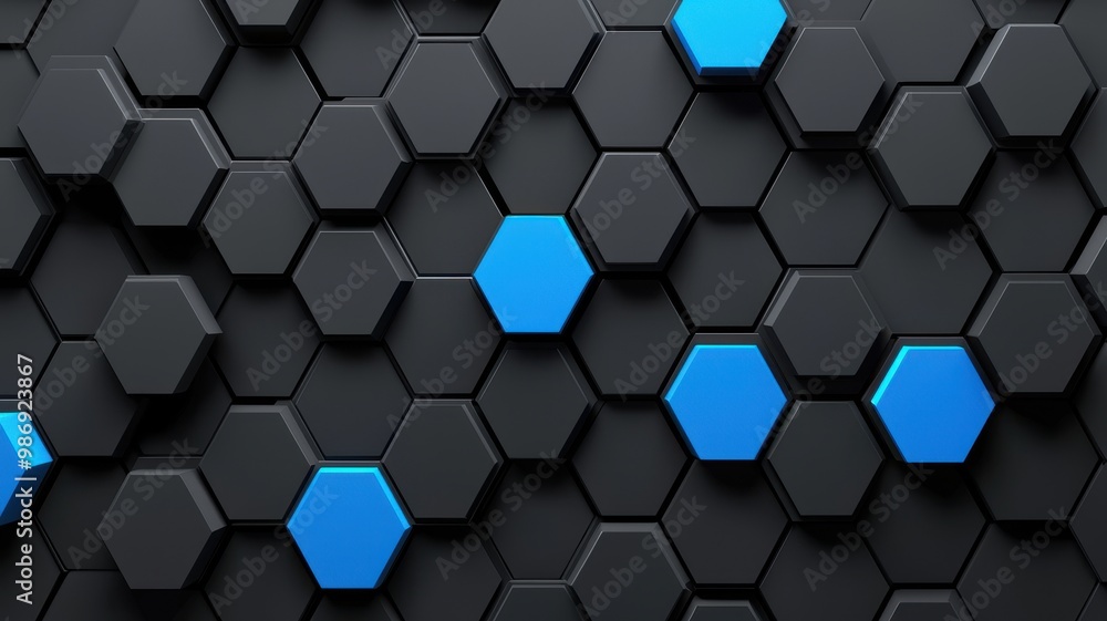 Fototapeta premium Abstract hexagonal pattern with black and blue elements, modern design backdrop.