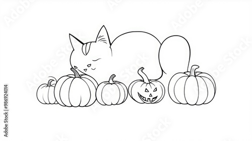 Cat, Halloween Pumpkin and Cat Outline, White Background Pattern,