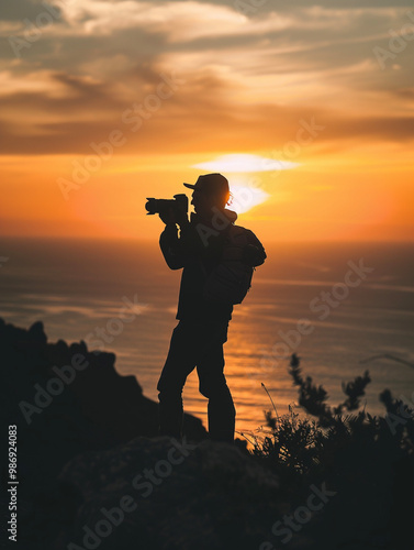 Silhouette of man holding camera during sunset