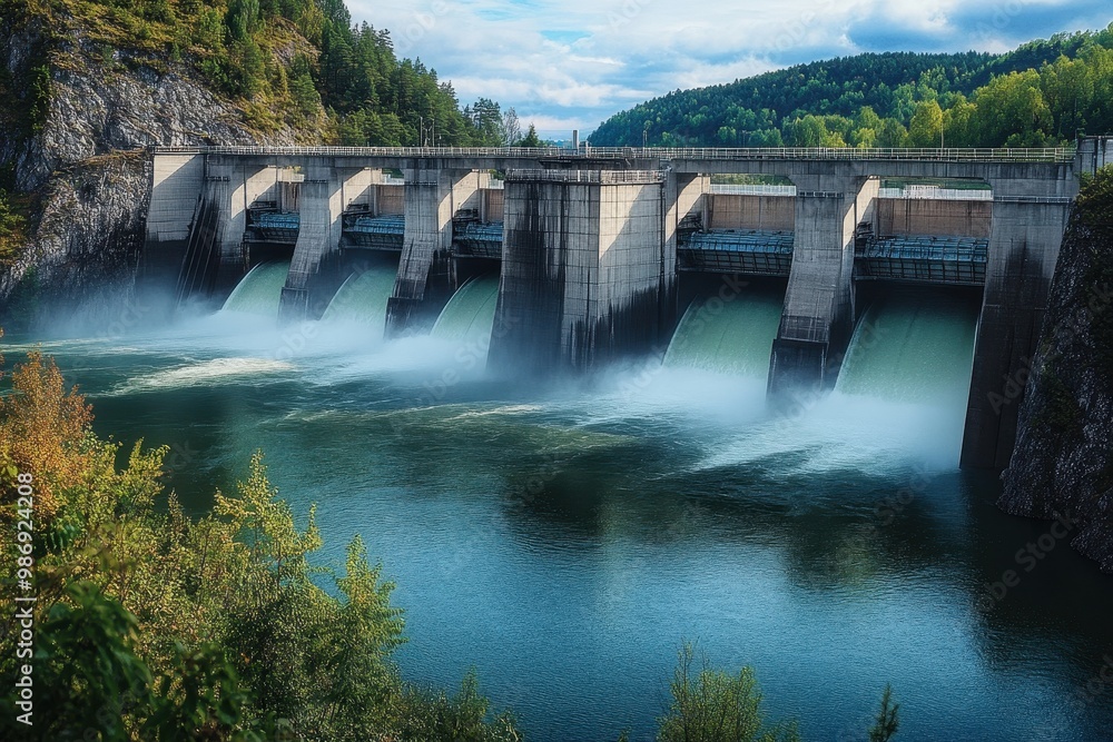 A Mighty Hydroelectric Dam Creating Energy by Releasing Water into the River Below, Set in a Beautiful Mountainous Environment. A Mighty Hydroelectric Dam Creating Energy by Releasing Water into the River Below, Set in a Beautiful Mountainous Environment.