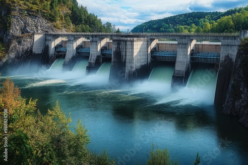 A Mighty Hydroelectric Dam Creating Energy by Releasing Water into the River Below, Set in a Beautiful Mountainous Environment.