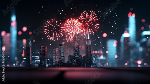 City skyline at night with vibrant fireworks illuminating the sky. photo