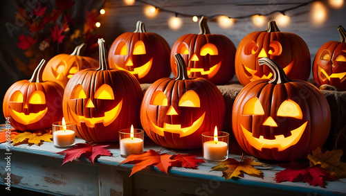 Rustic Charm Meets Spooky Halloween Pumpkins. Glowing Faces of Halloween on a Wooden Table photo