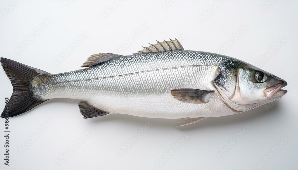Raw seabass with sleek, shiny scales and distinct shape, displayed on a simple white background Raw seabass with sleek, shiny scales and distinct shape, displayed on a simple white background