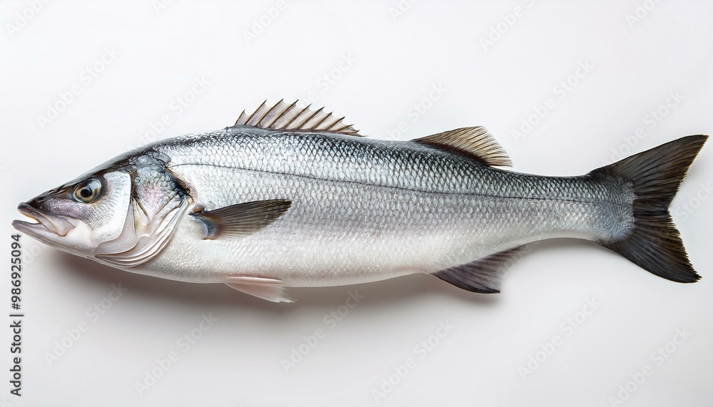 Raw seabass with sleek, shiny scales and distinct shape, displayed on a simple white background Raw seabass with sleek, shiny scales and distinct shape, displayed on a simple white background