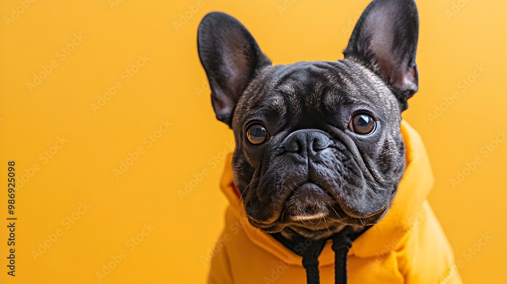 Adorable pug dog in custom Halloween costume against bright yellow backdrop Adorable pug dog in custom Halloween costume against bright yellow backdrop