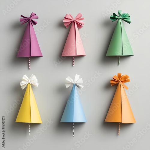 Colorful paper party hats arranged on a gray background. photo