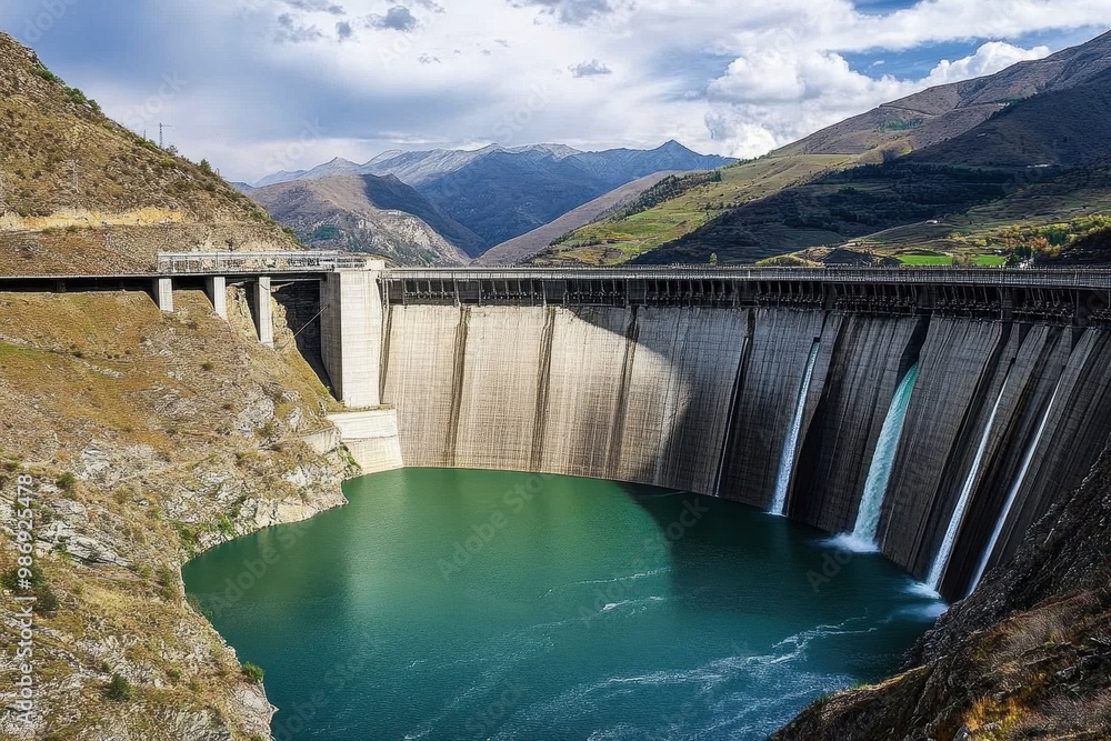 Streams of water pour from a massive hydroelectric dam into a river below, set against a scenic landscape Streams of water pour from a massive hydroelectric dam into a river below, set against a scenic landscape