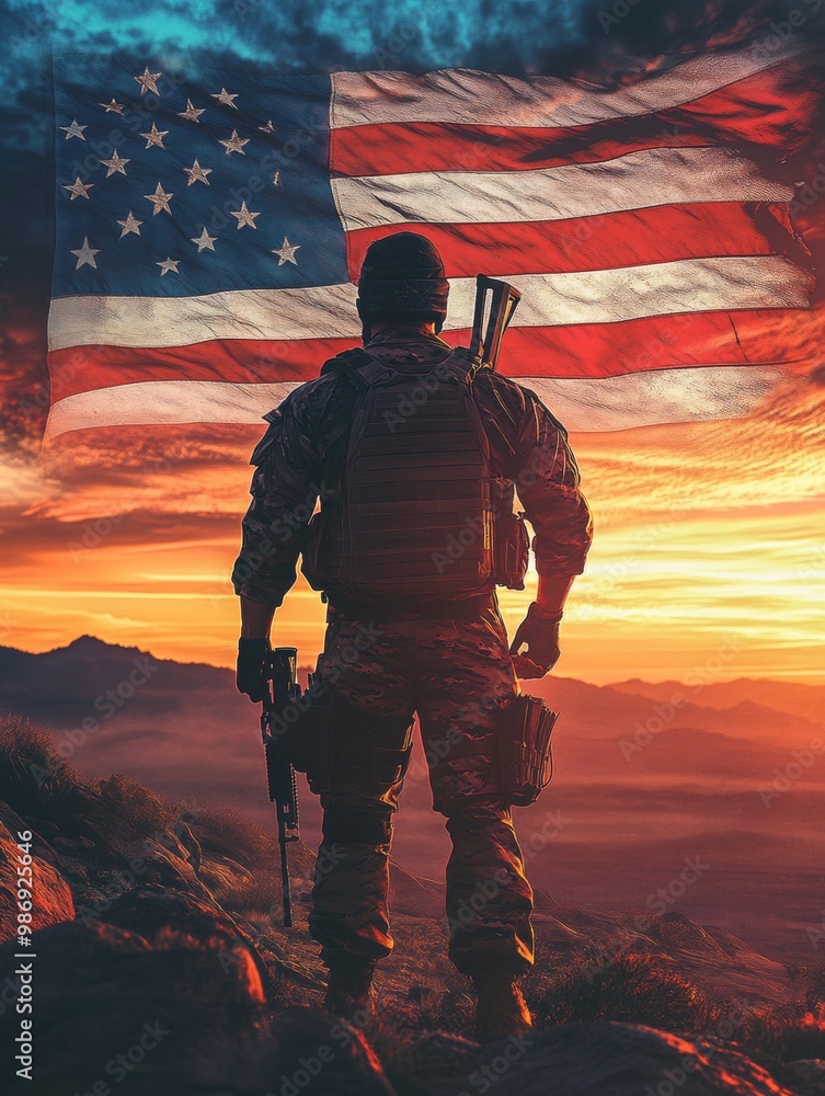 full kombat Soldier and USA flag on sunrise background, Veterans Day, honoring, 3:4 full kombat Soldier and USA flag on sunrise background, Veterans Day, honoring, 3:4