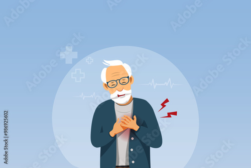 Senior man holding chest suffering from heart attack. Medical emergency from heart diseases. Senior health care concept. Vector.