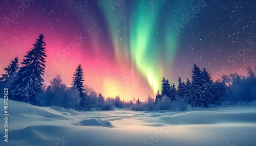 The Northern Lights illuminating the night sky with shades of green, pink, and purple over a snow-covered landscape