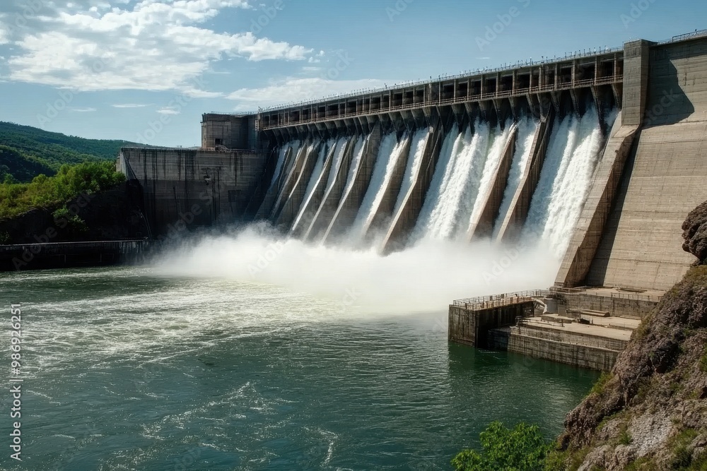 The imposing structure of a hydroelectric power station channels water into the river below, highlighting sustainable energy and environmental conservation efforts