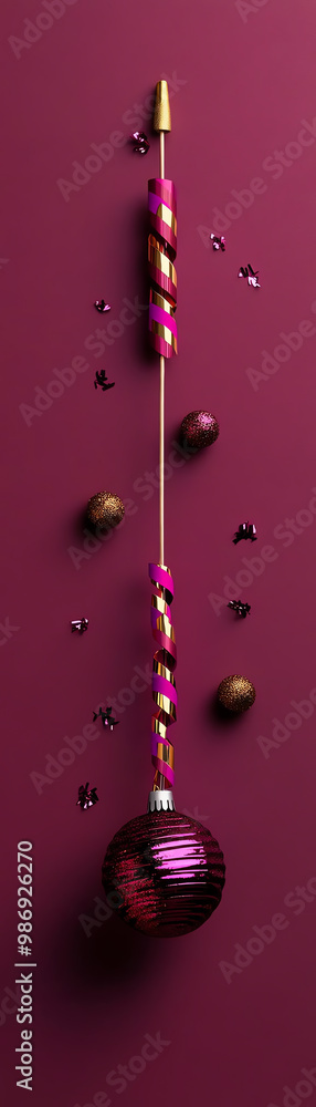Fototapeta premium Elegant holiday ornament with colorful ribbons on a deep burgundy background.
