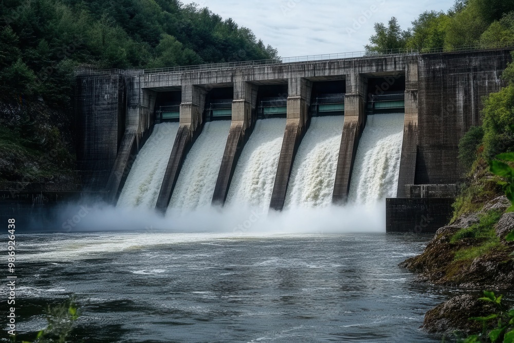 Majestic hydroelectric dam structure harnessing clean energy, with powerful water release into a river, set against a mountainous landscape and cloudy sky Majestic hydroelectric dam structure harnessing clean energy, with powerful water release into a river, set against a mountainous landscape and cloudy sky