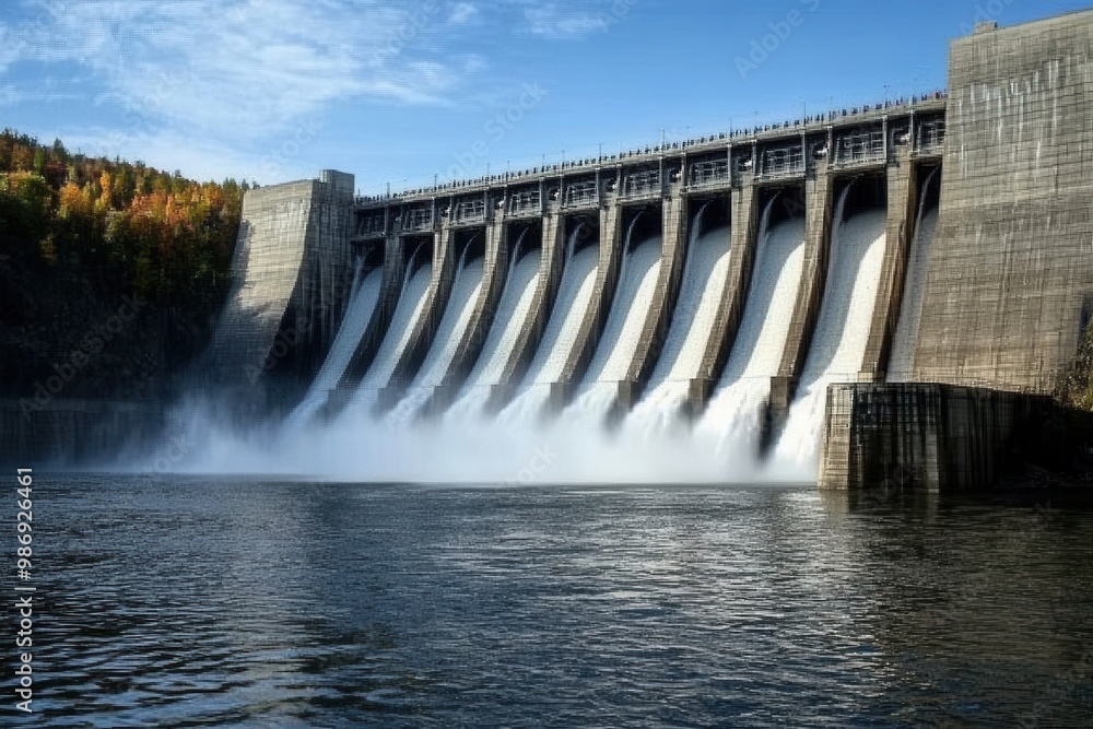 A massive concrete hydroelectric power station releasing water into the river below, generating renewable energy for environmental conservation A massive concrete hydroelectric power station releasing water into the river below, generating renewable energy for environmental conservation