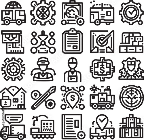 Set of line icons related to supply chain, value chain, logistic, delivery, manufacturing, commerce, Outline icon