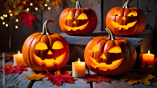 Rustic Charm Meets Spooky Halloween Pumpkins. Glowing Faces of Halloween on a Wooden Table photo