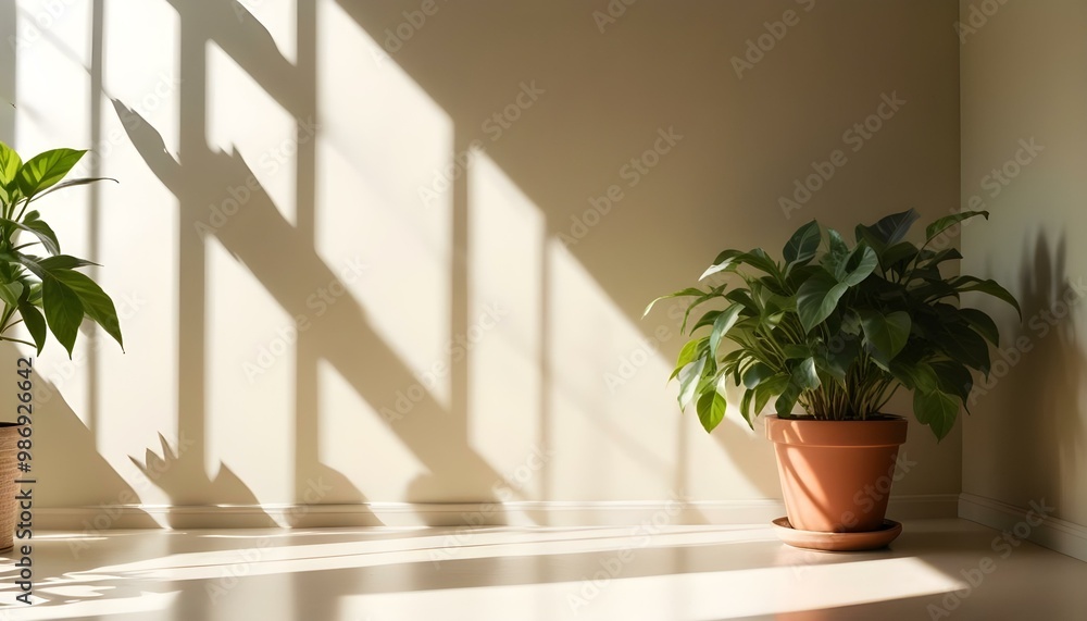 Fototapeta premium A bright, airy room with sunlight streaming in through the window, casting long shadows on the wall. A potted plant with green leaves sits on a table in the foreground.